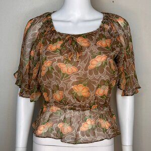 Vintage 1970s/80s Sheer Brown and Orange Floral Blouse, Prophecy Size Medium